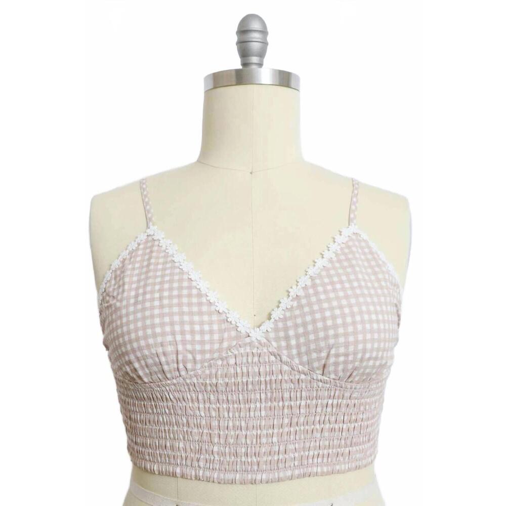 NEW LETO women's gingham crop top in mocha